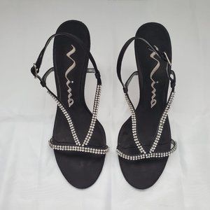 Nina Satin Rhinestone Open Toe Sling Back High Heel Sandals Black
